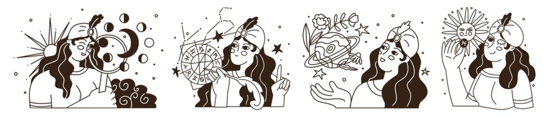 Set. Astrology and business concept. Drawing up a horoscope according to the natal chart. Consultation of clients according to the sign of the zodiac. Flat style in vector illustration.