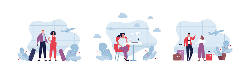 Travel concept collection. Vector flat illustration set. Couple of tourist people character with baggage in departure zone, vip lounge. Airport window and airplane on background.