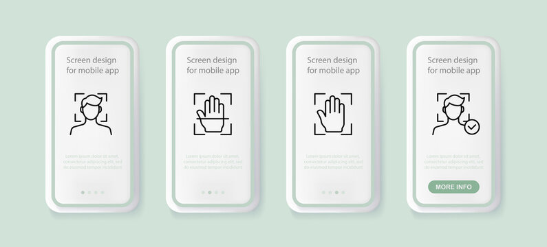 Biometric data set icon. Fingerprint, face id, recognition, hand, approved, allowed, person, checkmark. Technology concept. UI phone app screens. Vector line icon for Business and Advertising