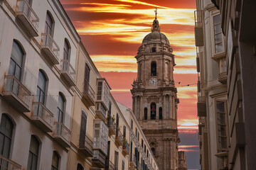 Sunset in the cathedral of Malaga, known as "La manquita" for having a single tower
