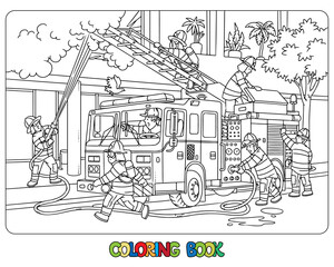 Firefighters near a fire truck. Coloring book