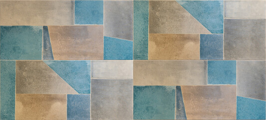 Abstract blue beige colorful geometric cement stone tile mirror wall or floor, tiles texture...