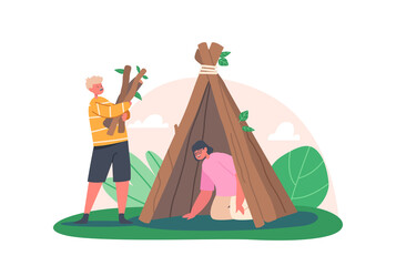 Kids Building Hut of Tree Branches, Boy and Girl Character Relax on Nature or at Summer Forest Camp. Holidays Activity © Pavlo Syvak