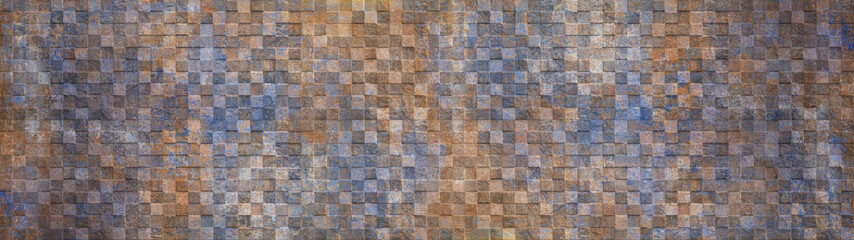 Fototapety  Old brown blue gray rusty vintage worn geometric shabby mosaic ornate patchwork motif porcelain stoneware tiles stone concrete cement wall texture background banner panorama, with square cubes 3D.