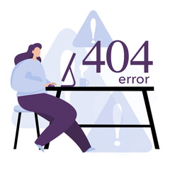 concept 404 error page. flat cartoon style woman with a laptop. Vector isolated illustration 