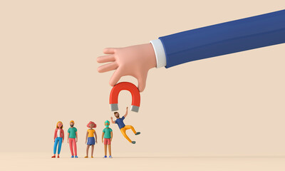 Employee recruitment concept with hand and magnet picking a new team member. 3D Rendering