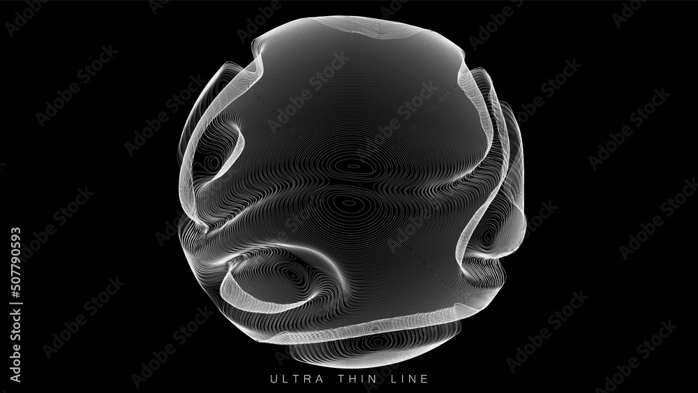 Poster ultra thin line fluid geometry. dynamic vector distorted spheres.