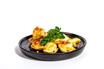 Fried dumplings with parsley and pepper isolated on white background. Trendy vegan food