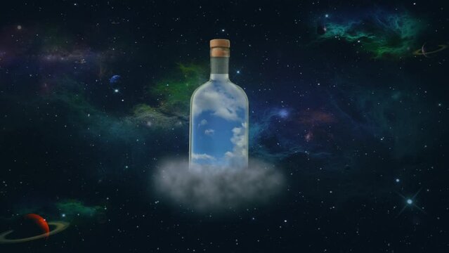Blue Sky Clouds Bottled Floating In Deep Space, Zooming. Bottled blue sky floating on clouds in deep space with planets, zoom in. Motion background