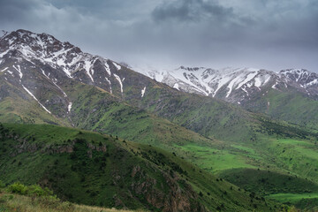 Landscape of mountains in rainy and cloudy weather in Kazakhstan.