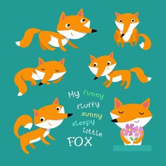 Fototapeta na wymiar Vector set of cute foxes in cartoon flat style. Colored animals for stickers, books, games. Funny characters.