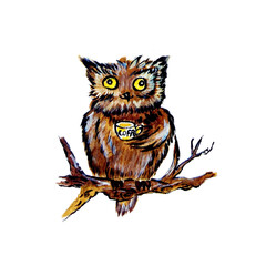 Crazy owl on a branch with coffee. A funny owl on a branch smiles and its eyes look in different directions.