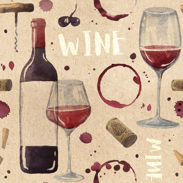 seamless watercolor pattern with wine glasses, bottle, corkscrew, wine cork, collaged vintage style