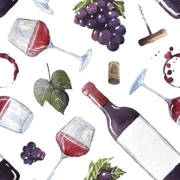 seamless watercolor wine pattern with drawings of wine glasses, bottle, branches of grape, corkscrew, wine cork