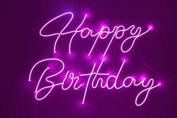 Pink neon happy birthday. Trendy style. Happy Birthday  background. Neon sign. Custom neon. Party...