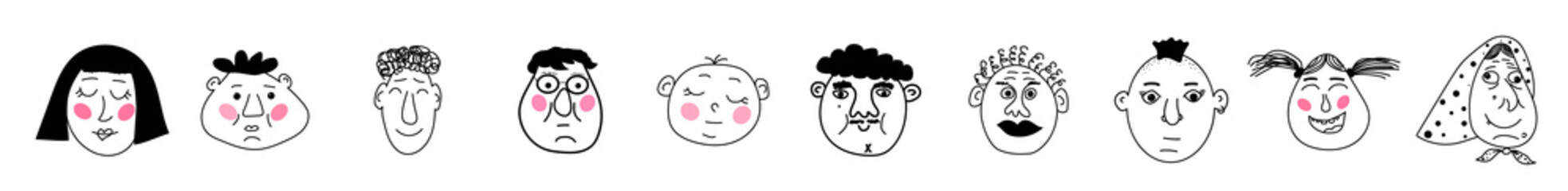 A set of funny faces in a doodle style.