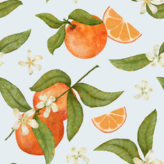 Obraz premium Watercolor orange fruit seamless pattern. Orange branch in bloom. A slice of citrus. Gentle summer background for menus, textiles and stationery and packaging.