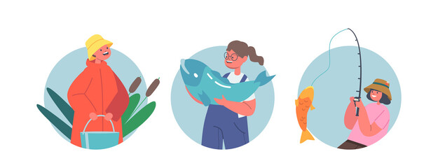 Children Fishermen with Rod, Big Fish and Bucket Round Icons or Avatars. Kids Fishing Fun on Pond, Summer Recreation