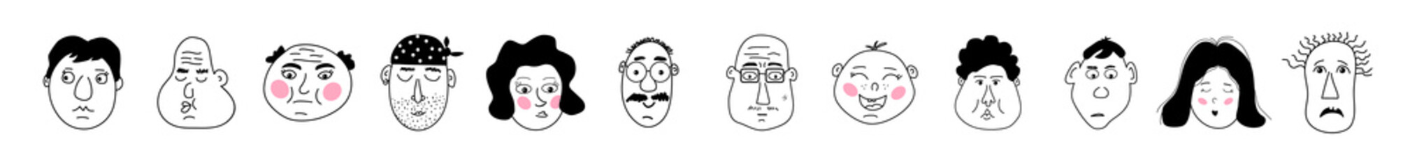 A set of funny faces in a doodle style.
