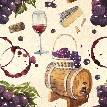 seamless watercolor wine pattern, bottle, barrel, grapes and vine leaves, collaged vintage style