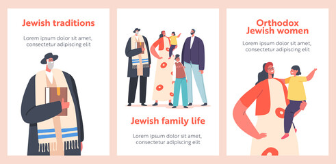 Jewish Life and Traditions, Traditional Family Banners, Orthodox Jew Parents, Grandfather and Kids Characters