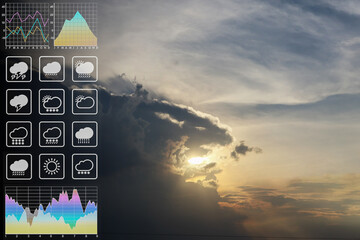 Weather forecast symbol data presentation with graph and chart on dramatic atmosphere panorama view of colorful twilight tropical sky and  clouds aerial summer view background.