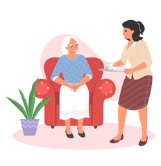 Woman bring tea to old person vector