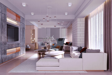 3d rendering,3d illustration, Interior Scene and  Mockup,Living room in modern style with a large sofa set in white, beige and brown tones.