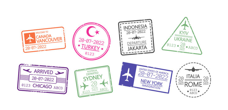 Set of International Travel Visa Passport Stamps. Berlin, Chicago, Paris, Tokyo. Hong Kong, Netherlands, Glasgow, Canada