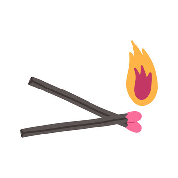 Two burning matches, flat vector illustration isolated on white background. Cartoon wooden matchstick in fire. Concepts of arson, smoke and bonfire.
