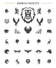 Animals silhouettes objects vector design elements set vintage style isolated on white. For logos badges and other graphic design.