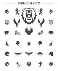 Animals silhouettes objects vector design elements set vintage style isolated on white. For logos badges and other graphic design.