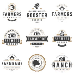 Farmers market logos templates vector objects set. Logotypes or badges design. Trendy retro style illustration, farm natural organic products food, rooster, pig head and ranch silhouettes. - obrazy, fototapety, plakaty