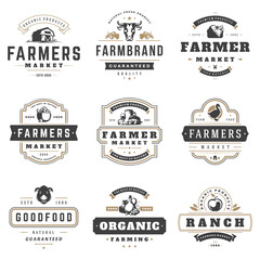 Farmers market logos templates vector objects set. Logotypes or badges design. Trendy retro style illustration, farm natural organic products food, rooster, pig head and ranch silhouettes.