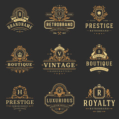 Luxury monograms logos templates vector objects set for logotype or badge design. Trendy vintage royal ornament frames illustration, good for fashion boutique, alcohol or hotel brand.
