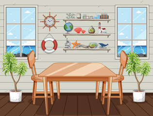 Room scene with miscellaneous objects on wall shelves