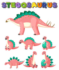 Set of cute stegosaurus dinosaur cartoon characters