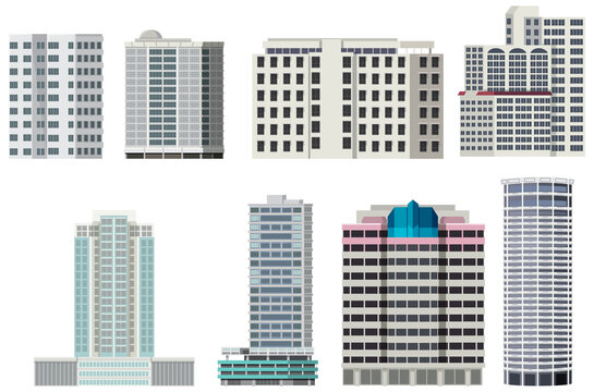 Set of different city skyscraper buildings