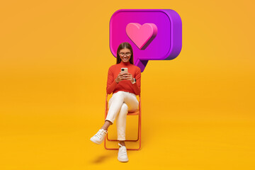 Pretty girl chatting with friend on phone with speech bubble and like button