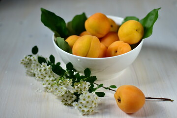 apricots in a white bowl and flowers on the table