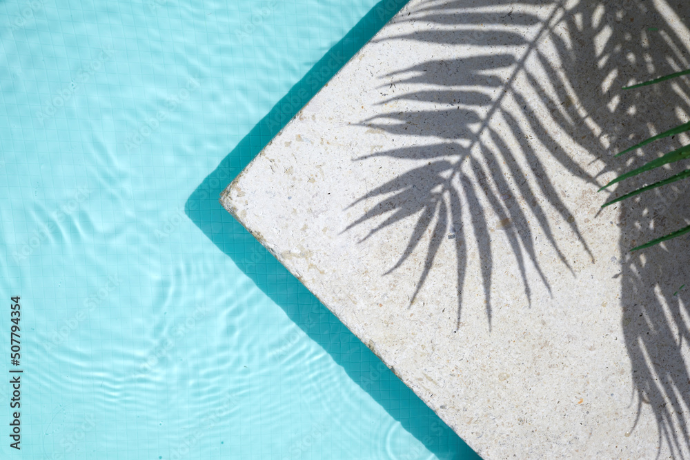 Wall mural Swimming pool top view background. Water ring and palm shadow on travertine stone