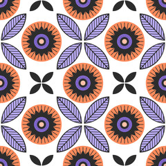 Ornament seamless vector pattern. Symmetrical flower backdrop. Geometric floral background. Ethnic style graphic illustration. Wallpaper, fabric, textile, print, wrapping paper or package design.