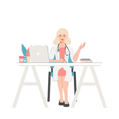 A female doctor in a white uniform sits at her desk and gives online advice. The concept of online medicine.