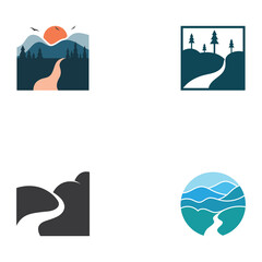 Logos of rivers, creeks, riverbanks and streams. River logo with combination of mountains and farmland with concept design vector illustration template.