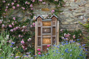 Insektenhotel vor einer Natursteinmauer im Bauerngarten mit Kletterrosen und Kornblumen im...