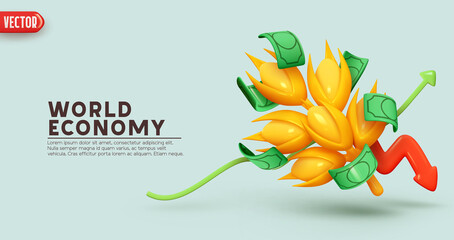 Wheat prices. Creative concept of world economy. financial investment in farming business. Realistic 3d design, yellow spikelet wheat of grain and money green paper dollar bills. vector illustration
