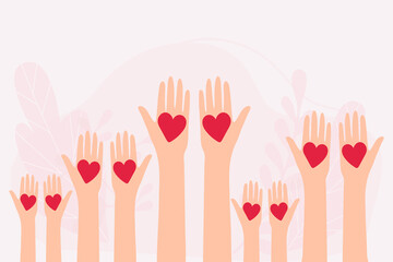 Many hands with hearts. Charity and donation concept concept. Non-profit organizations and humanitarian aid visualization.