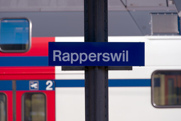 Sign at railway station of City of Rapperswil on a sunny spring day. Photo taken April 28th, 2022, Rapperswil-Jona, Switzerland.