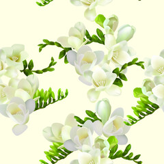 Freesia flowers pattern. Seamless spring pattern. Vector flowers. White flowers. Template for printing on fabric. Summer pattern