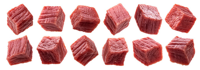 Cubes of raw beef meat isolated on white background